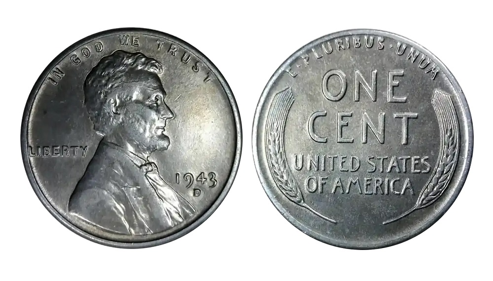 1943 wheat penny obverse and reverse showing steel zinc-coated composition and Lincoln portrait