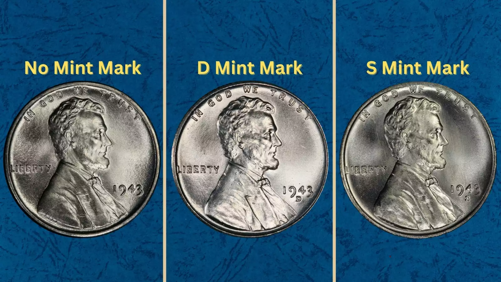 Grading strip showing four 1943 steel wheat pennies from worn Good grade to gem uncirculated MS-65 condition