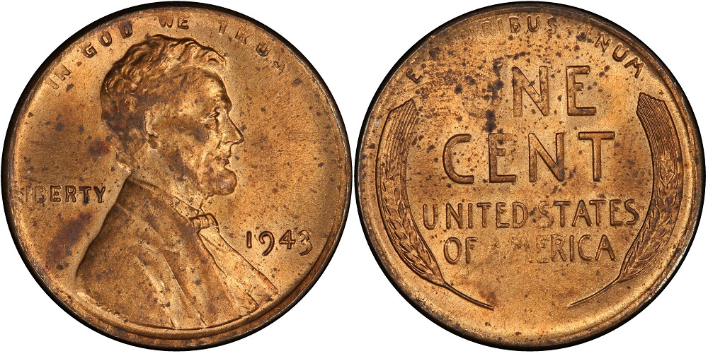 Side-by-side comparison of 1943 steel wheat penny versus rare 1943 copper bronze penny showing color and texture differences