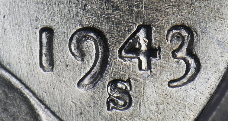 Close-up of 1943/2-S wheat penny overdate showing traces of underlying 2 beneath the 3 in the date, designated FS-101